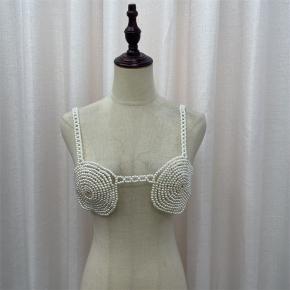 Sexy Fashion Jewelry Women Handmade Pearl Beaded Body Bra Top Chain Mini Skirt For Party Beach Wear