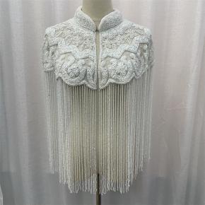 Handmade Fringe Tassel Lace Applique Handsewing Gold Beads Trim Patches Neckline for Wedding Dress Evening Gown