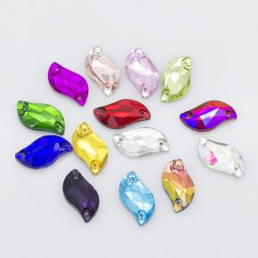 Beautiful fashion double hole flat bottom leaf shape glass rhinestone